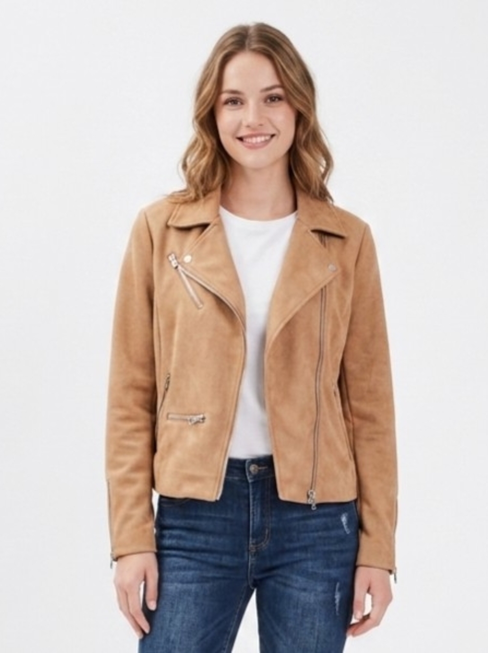 Camel Faux Suede Moto Jacket Asymmetric Zip Large